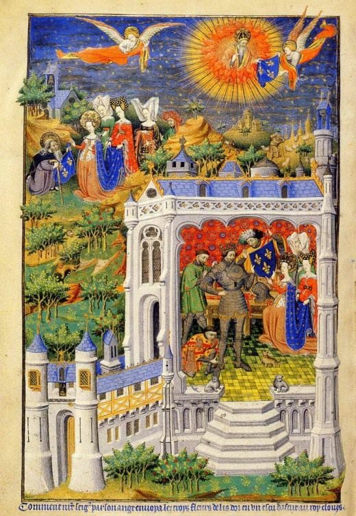 Фото страницы книги Часослов, иллюстрирующая легенду короля Хлодвига который получает цветок лилии Фото страницы книги Часослов, иллюстрирующая легенду короля Хлодвига который получает цветок лилии