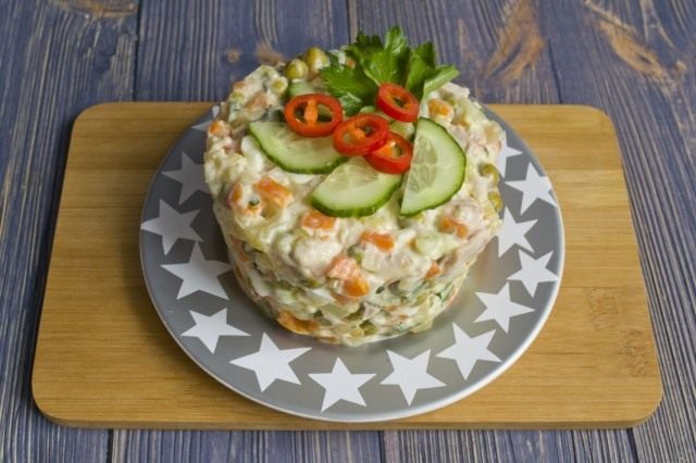 Выкладываем мясной салат порционно и украшаем Выкладываем мясной салат порционно и украшаем