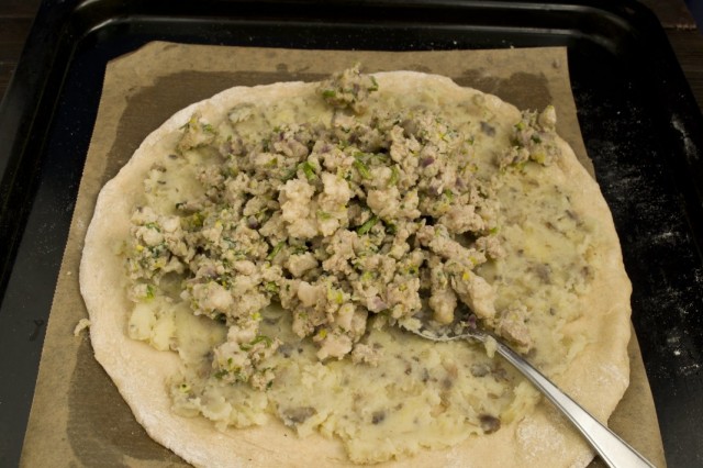 Выкладываем мясной фарш на картофель с грибами Выкладываем мясной фарш на картофель с грибами